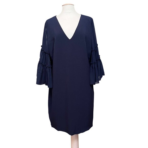 Chelsea 28 Navy Blue V Neck Dress Tiered Ruffle Bell Sleeves Formal Size 20 - Picture 1 of 8